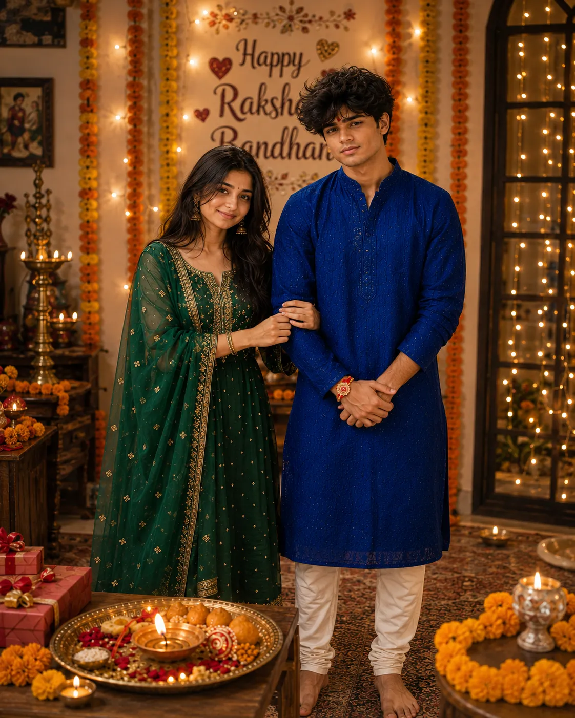 Raksha Bandhan AI photo editing prompt emerald green standing portrait example