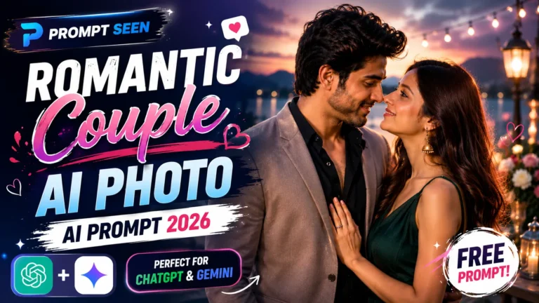 Prompt Seen thumbnail for Romantic Couple AI Photo Prompt featuring a stylish Indian couple in a romantic sunset setting with a premium cinematic design for ChatGPT and Gemini AI image prompts.