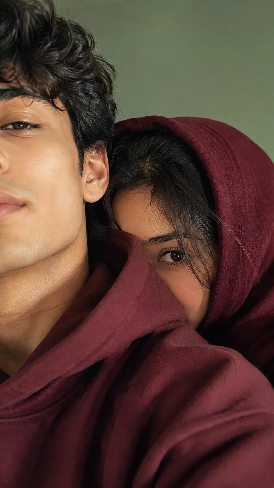 Romantic couple AI photo prompt maroon hoodie selfie example