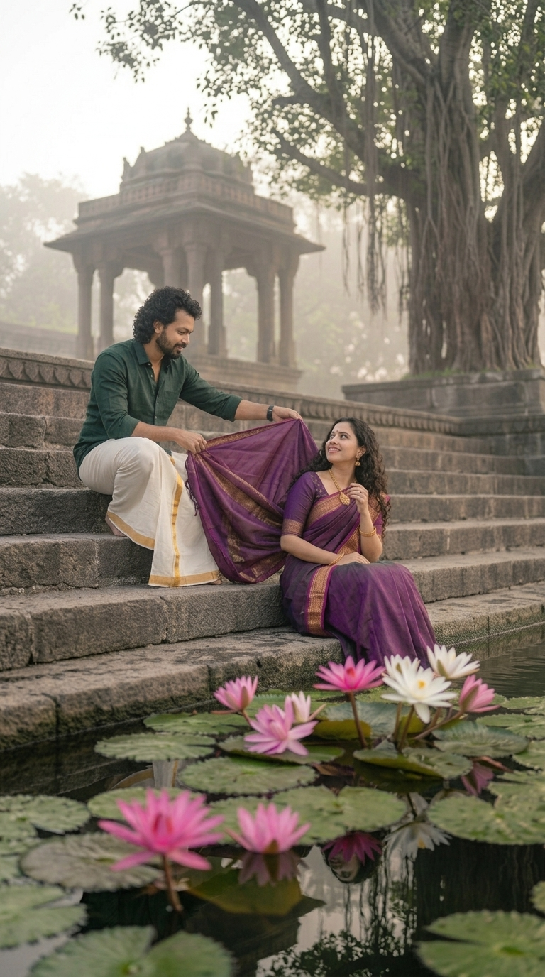 Temple pond couple AI photo prompt romantic low-angle pose example