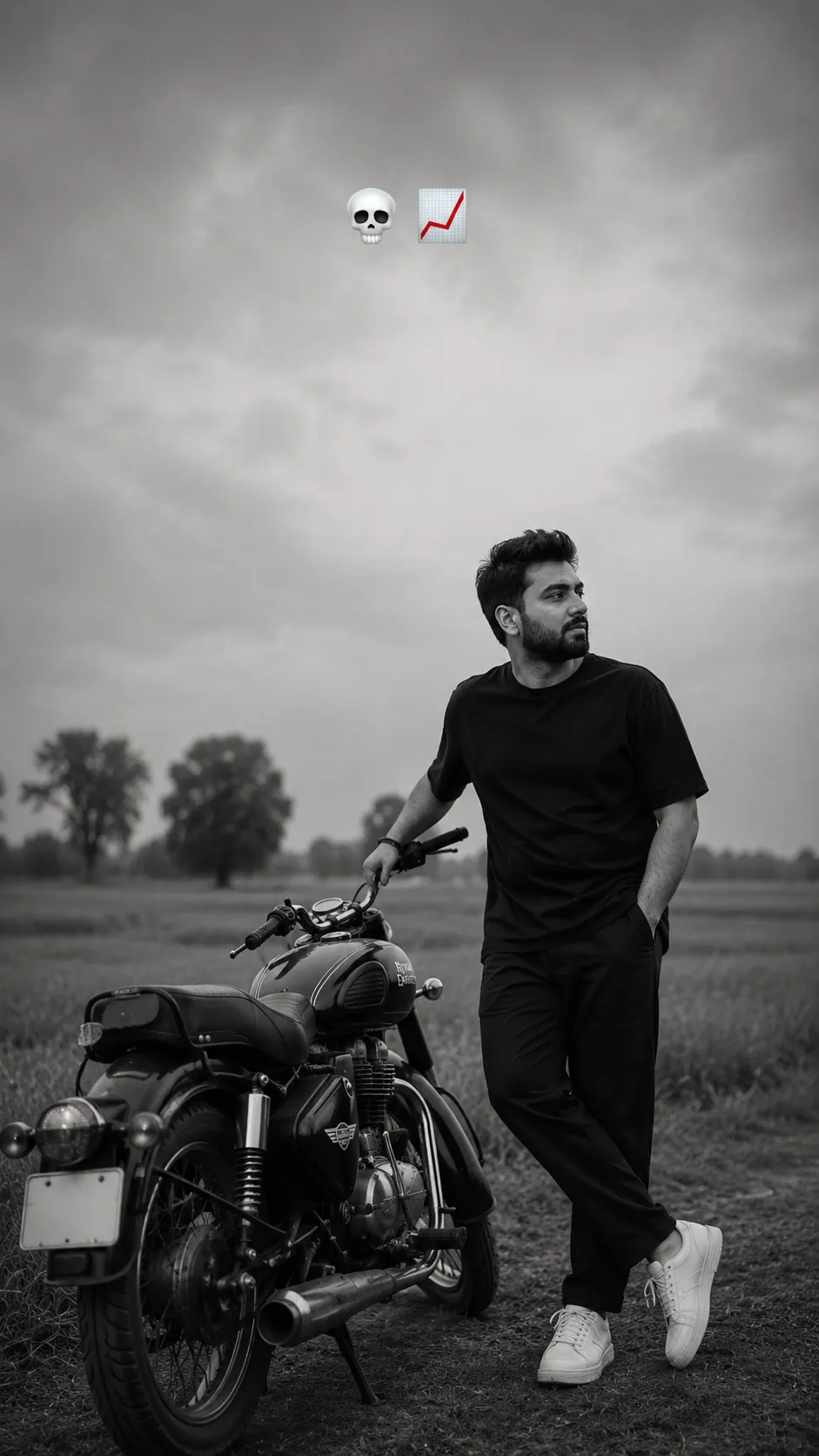 Royal Enfield Boy in Rural Field AI Photo Prompt example