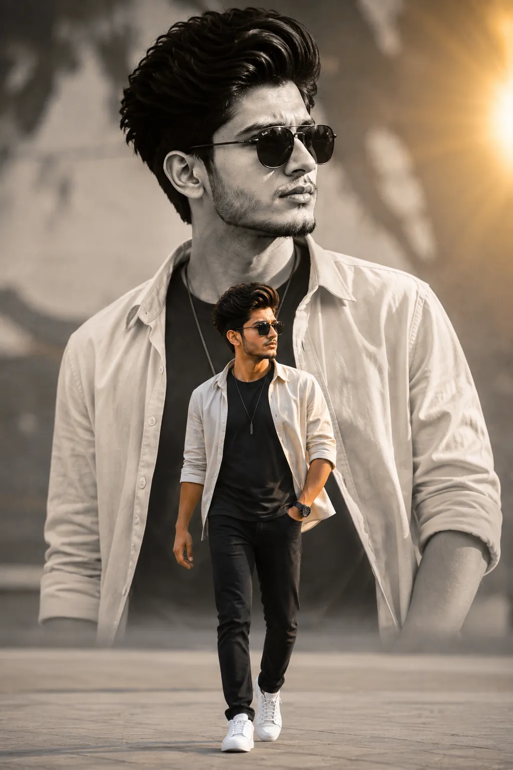 Stylish Indian Boy Dual Portrait Walking AI Prompt example