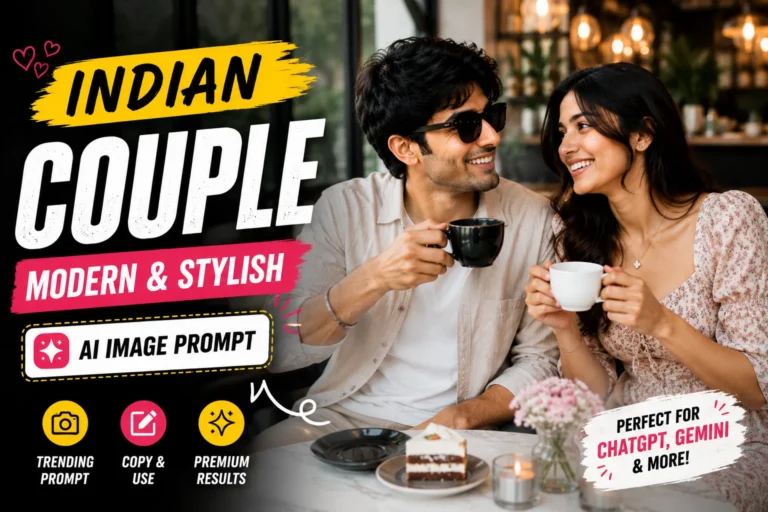 Prompt Seen thumbnail featuring a stylish Indian couple in a modern café with the AI Image Prompt, perfect for creating realistic couple photos using ChatGPT and Gemini AI.