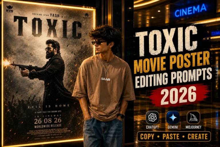 Toxic Movie Poster Editing Prompts 2026 - Prompt Seen featuring a stylish boy beside a cinematic TOXIC movie poster in a luxury cinema lobby