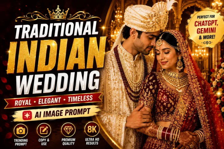 Prompt Seen thumbnail featuring a traditional Indian bride and groom in a royal palace with an AI image prompt for creating ultra-realistic Indian wedding photos using ChatGPT and Gemini AI.