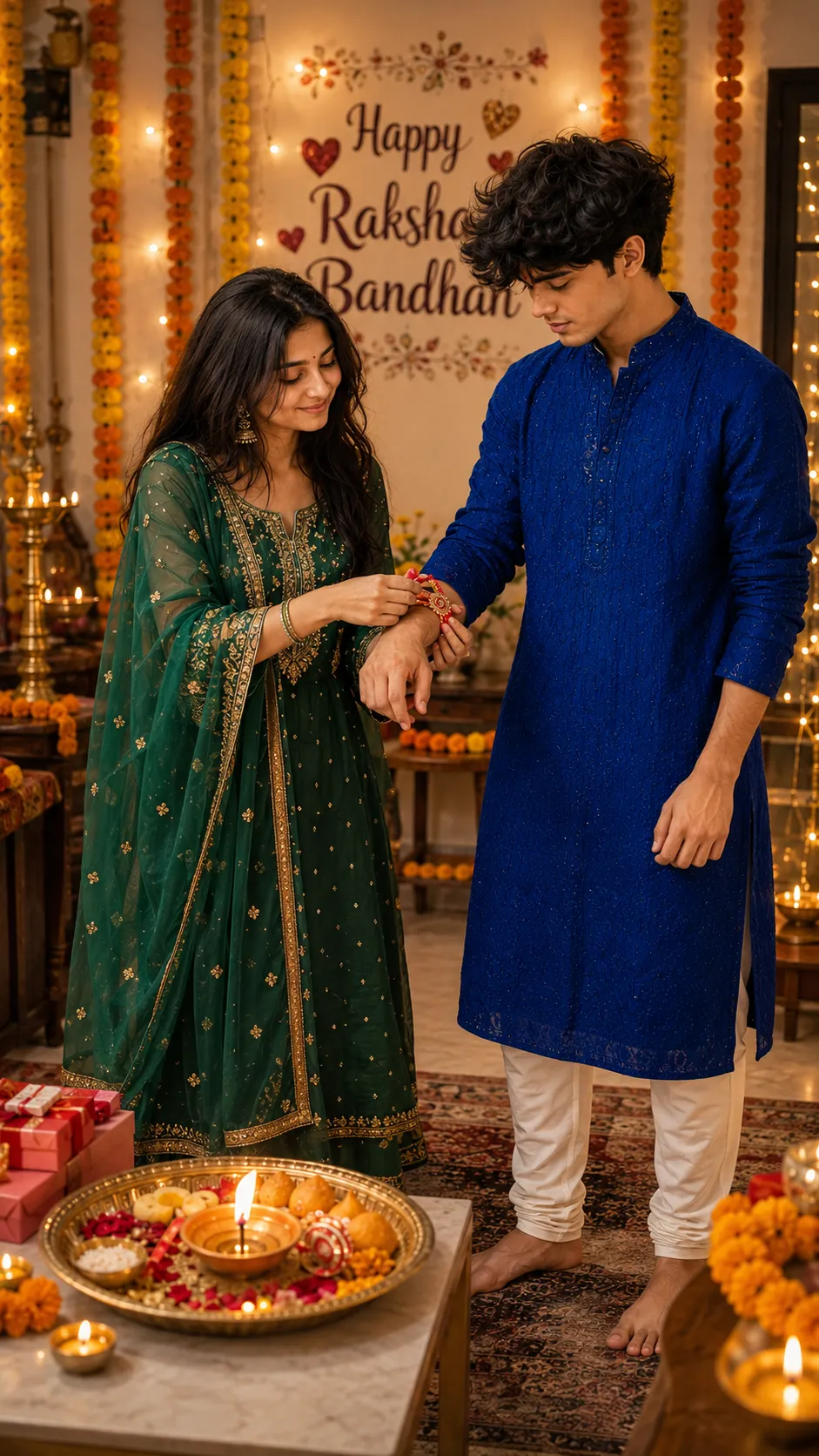 Raksha Bandhan AI photo editing prompt royal blue and emerald green standing example