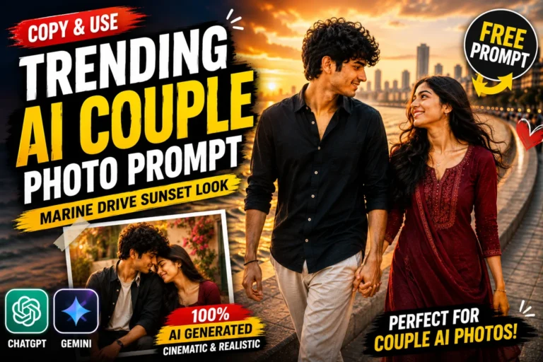 Eye-catching thumbnail featuring an Indian couple at Marine Drive sunset for a trending AI couple photo prompt