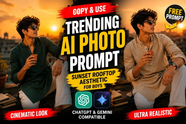 Trending AI photo prompt for boys featuring cinematic rooftop sunset portraits, kurta fashion, chai and ultra-realistic AI photography