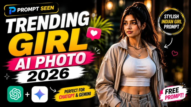 Prompt Seen thumbnail for Trending Girl Fashion AI Photo Prompt 2026 featuring a stylish Indian girl in modern fashion with a premium YouTube-style design, created for ChatGPT and Gemini AI image prompts.
