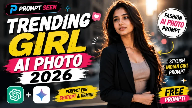 Trending Girl AI Photo 2026 featuring a stylish Indian woman in modern fashion with elegant accessories, glossy hair, natural makeup, confident pose, luxury urban background, and cinematic golden lighting, created with the Prompt Seen AI image prompt.