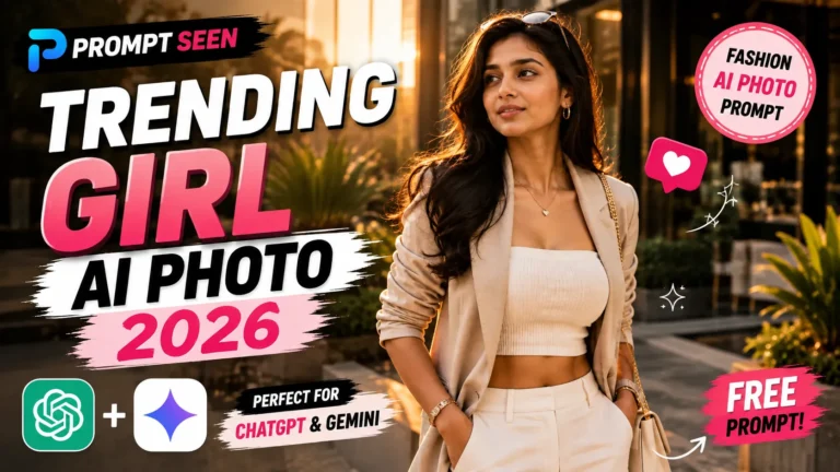 Trending Girl AI Photo 2026 featuring a stylish young Indian woman in modern fashion with elegant accessories, glossy hair, cinematic golden lighting, and a luxury urban background, created with the Prompt Seen AI image prompt.