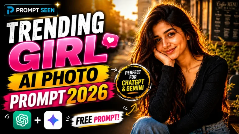 Prompt Seen YouTube thumbnail for Trending Girl AI Photo Prompt 2026 featuring a beautiful Indian girl with bold text, premium design, and ChatGPT and Gemini AI photo prompt branding.