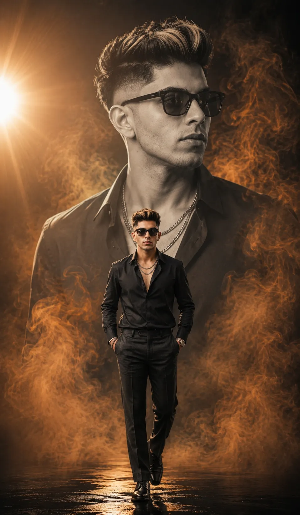 Two Shades dual-portrait AI photo prompt for boys with orange smoke example