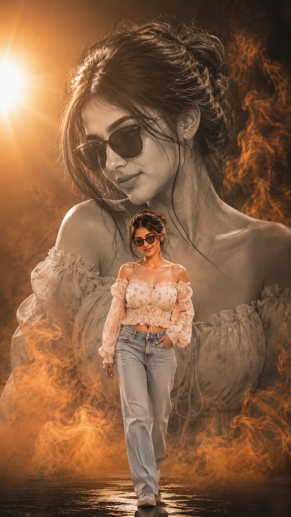 Two Shades dual-portrait AI photo prompt for girls with orange smoke example