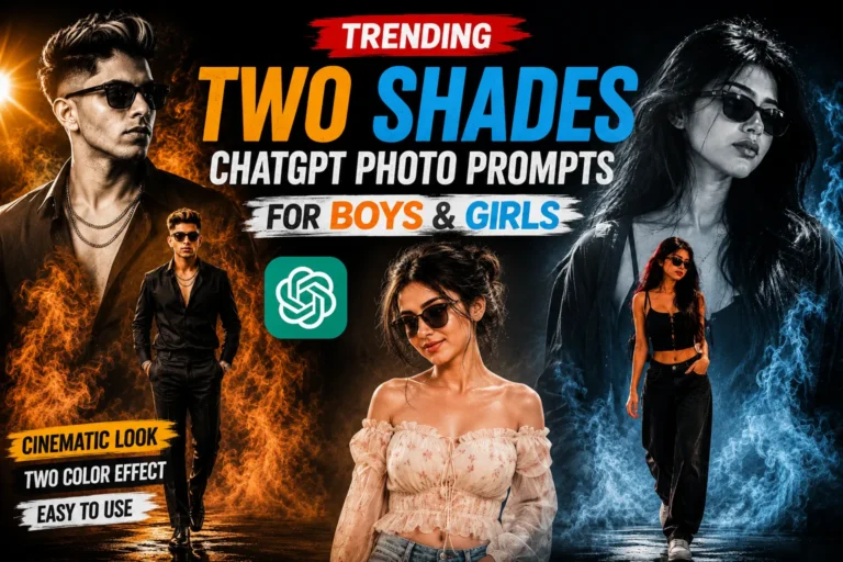 Trending two shades ChatGPT photo prompts for boys and girls featuring orange and blue cinematic effects, sunglasses, and stylish fashion portraits prompt seen