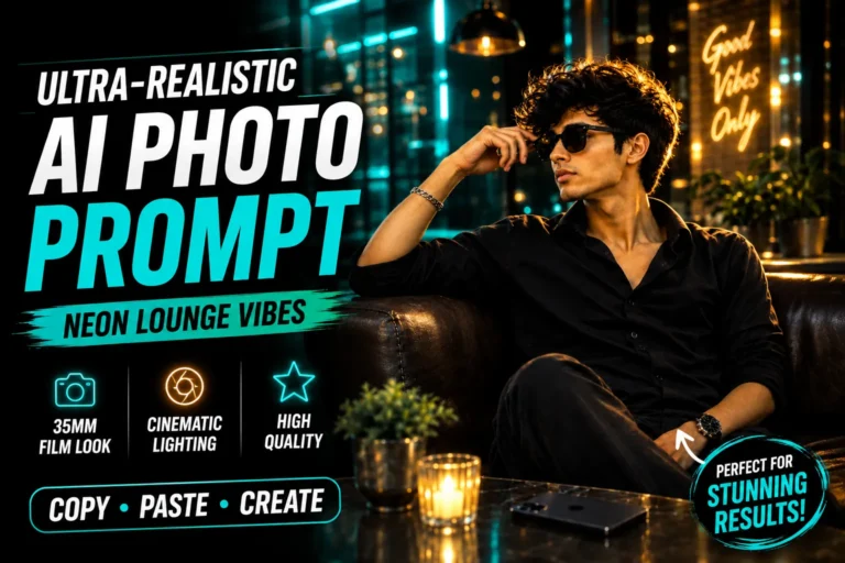 Prompt Seen thumbnail featuring an ultra-realistic AI photo prompt with a stylish man in a neon-lit lounge, cinematic lighting, 35mm film look, teal and warm bokeh, and high-quality portrait results.