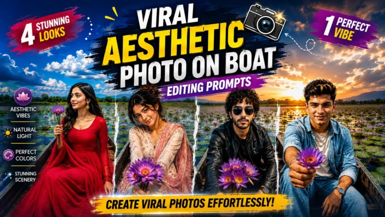 Prompt Seen viral aesthetic photo on boat editing prompts featuring four stylish boat photo looks with lotus flowers, scenic lakes, and dramatic skies