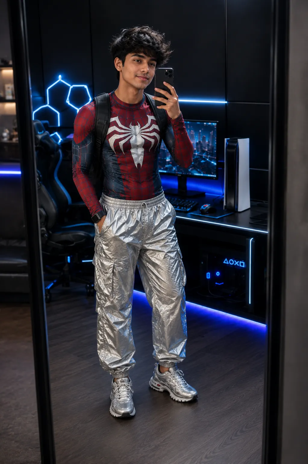 Boy gaming room mirror selfie AI photo prompt example