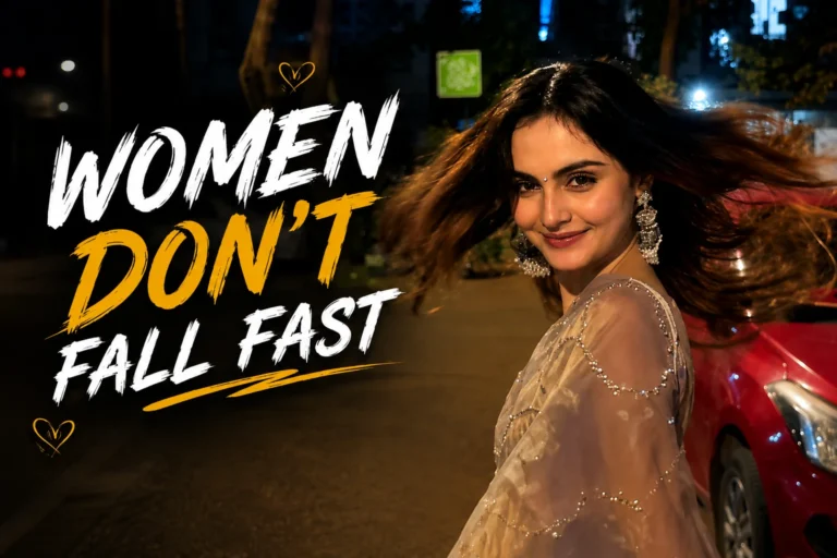 Cinematic feature image showing a young woman with flowing dark hair and elegant earrings standing beside a red car on a nighttime city street, with bold white and yellow “WOMEN DON’T FALL FAST” text and heart decorations.
