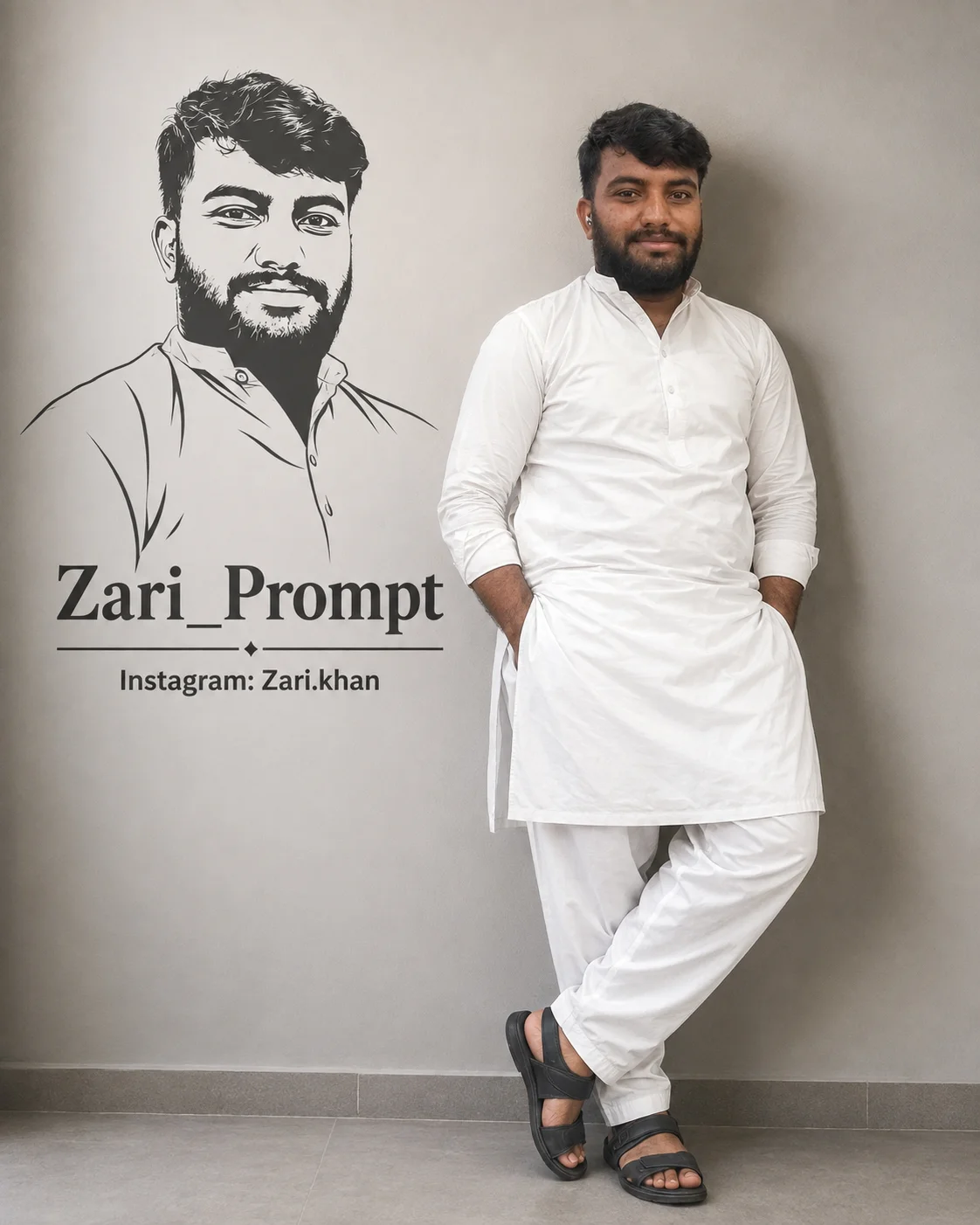 Prompt Seen Gemini Boy Studio Wall Portrait with Vector Signature Card AI Prompt example
