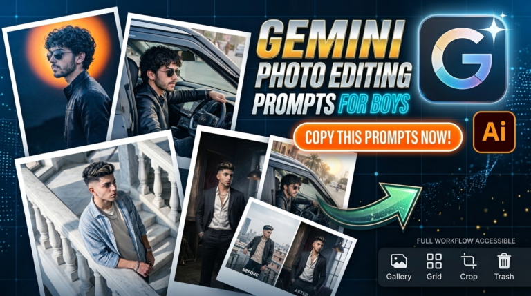 Digital infographic showcasing various young male model photo examples created with Gemini Photo Editing Prompts for Boys, alongside a mockup of a photo editing app interface.