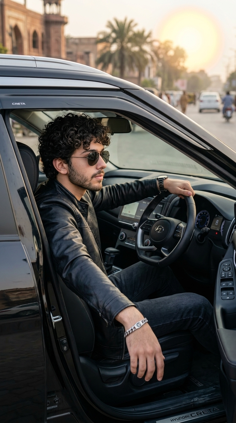 Cinematic Gemini boy photo prompt Hyundai Creta driving pose example