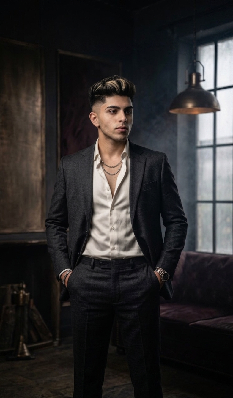 Cinematic Gemini boy photo prompt charcoal grey suit studio portrait example