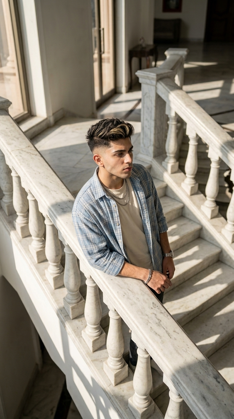 Cinematic Gemini boy photo prompt marble staircase fashion portrait example