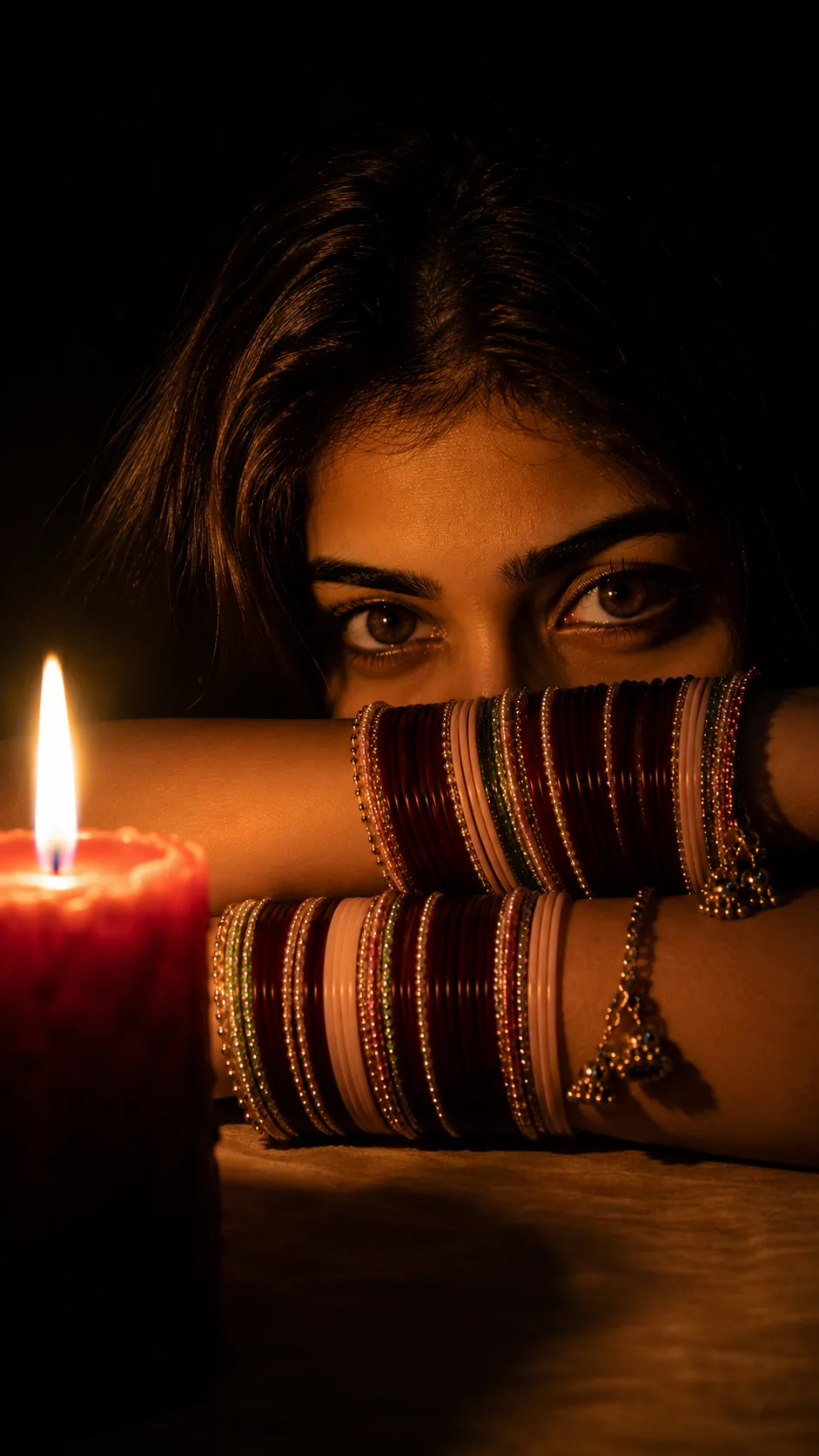 Cinematic girl candlelight AI portrait prompt mobile example