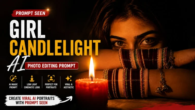 Prompt Seen girl candlelight AI photo editing prompt with a cinematic low-light portrait, red candle, and colorful glass bangles