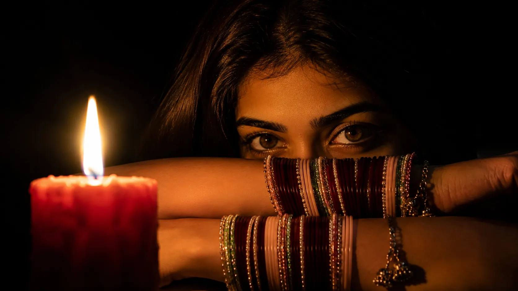 Girl candlelight AI photo editing prompt dramatic close-up portrait example