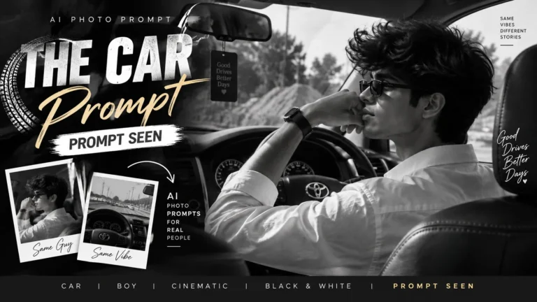 The Car Prompt by Prompt Seen featuring a cinematic black and white Toyota car portrait and AI photo editing style