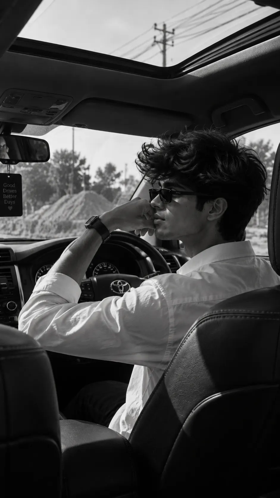 The Car Prompt cinematic black and white AI car photo example